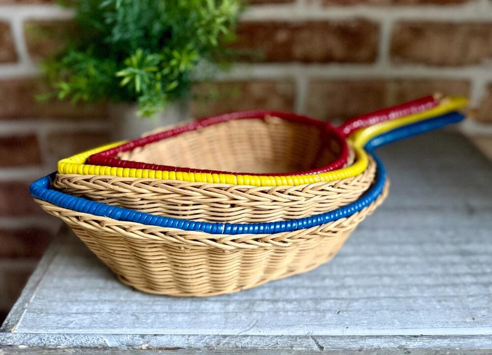 Wicker Scoop Baskets Set of 3 | Nesting Harvest Baskets with Colorful Handles